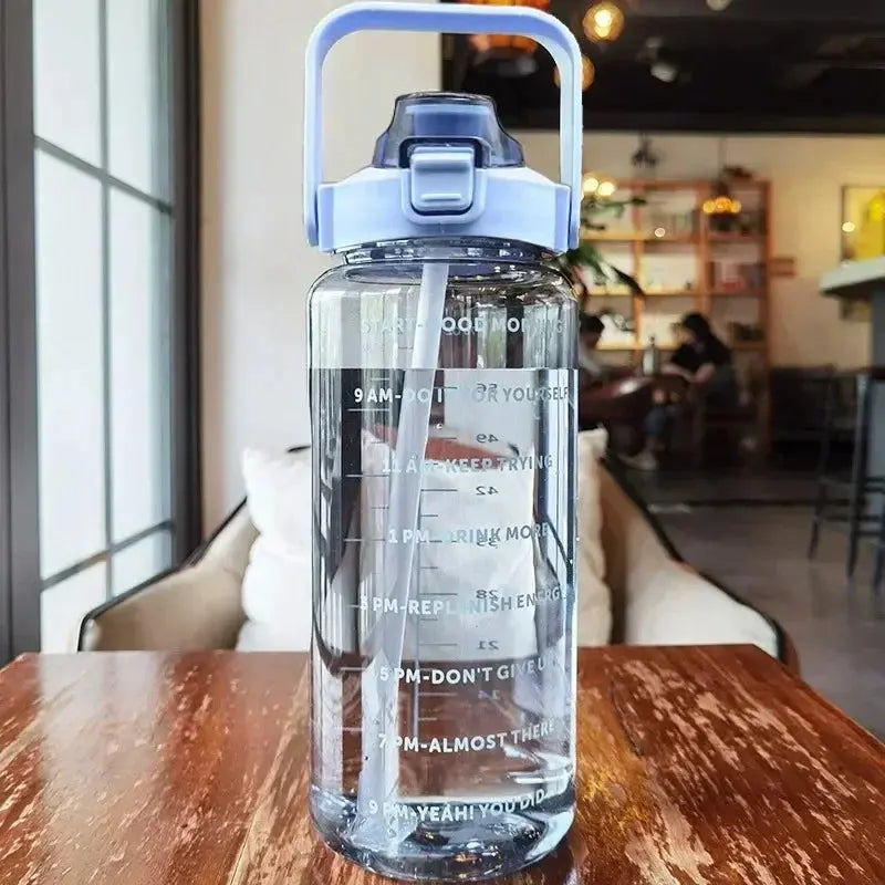 Water Bottle 2 Liter Time Markers Leak-Proof Integrated Straw