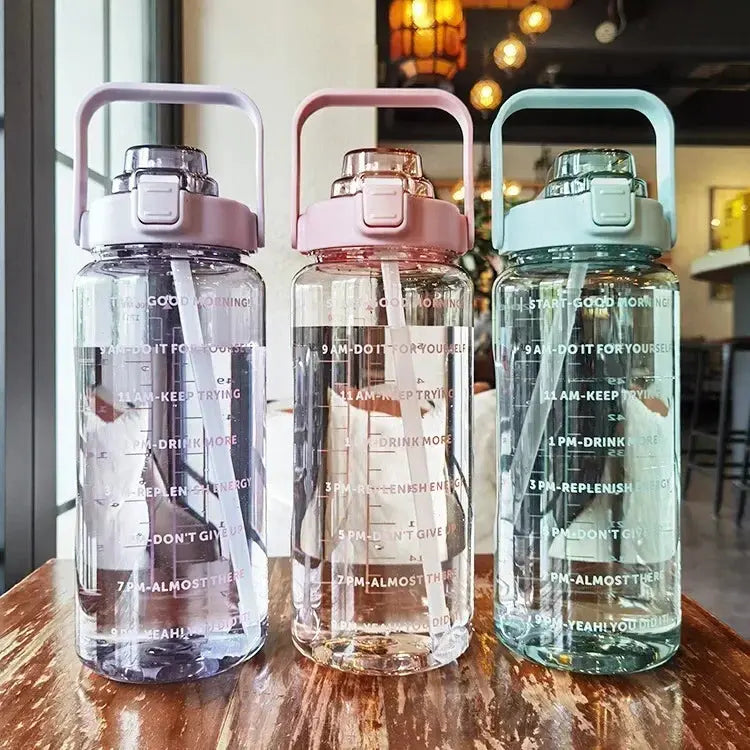 Water Bottle 2 Liter Time Markers Leak-Proof Integrated Straw