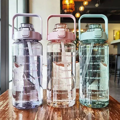 Water Bottle 2 Liter Time Markers Leak-Proof Integrated Straw