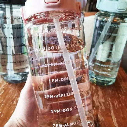 Water Bottle 2 Liter Time Markers Leak-Proof Integrated Straw