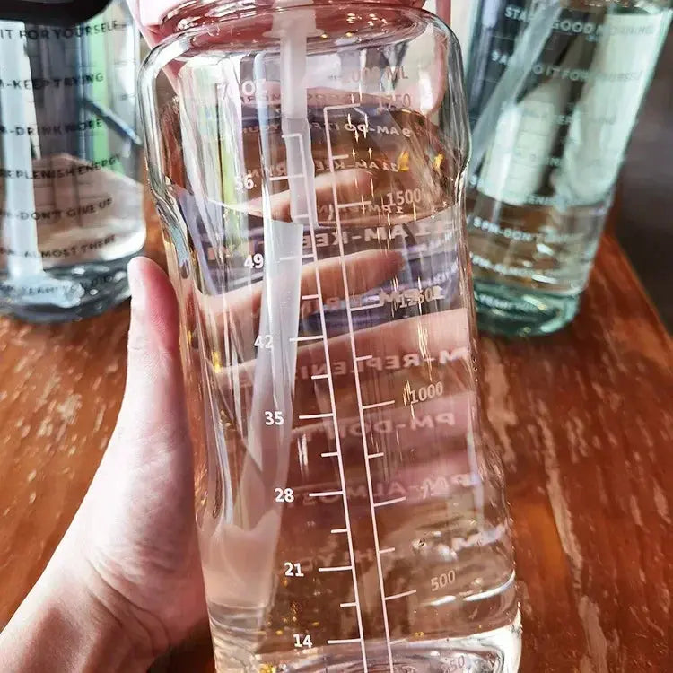 Water Bottle 2 Liter Time Markers Leak-Proof Integrated Straw