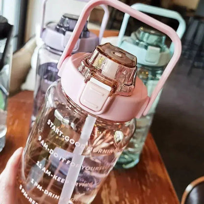 Water Bottle 2 Liter Time Markers Leak-Proof Integrated Straw