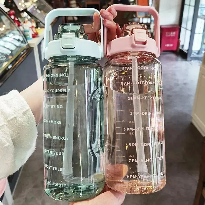 Water Bottle 2 Liter Time Markers Leak-Proof Integrated Straw