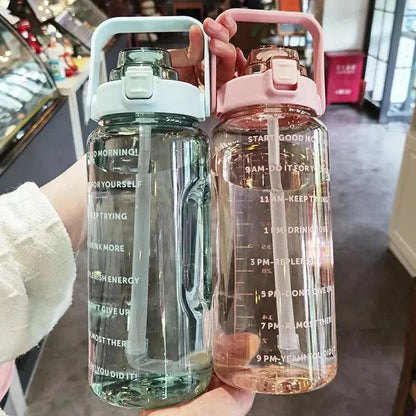 Water Bottle 2 Liter Time Markers Leak-Proof Integrated Straw