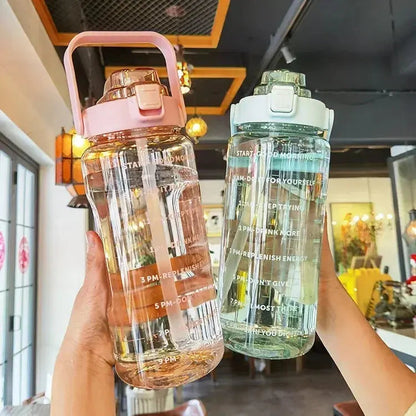 Water Bottle 2 Liter Time Markers Leak-Proof Integrated Straw