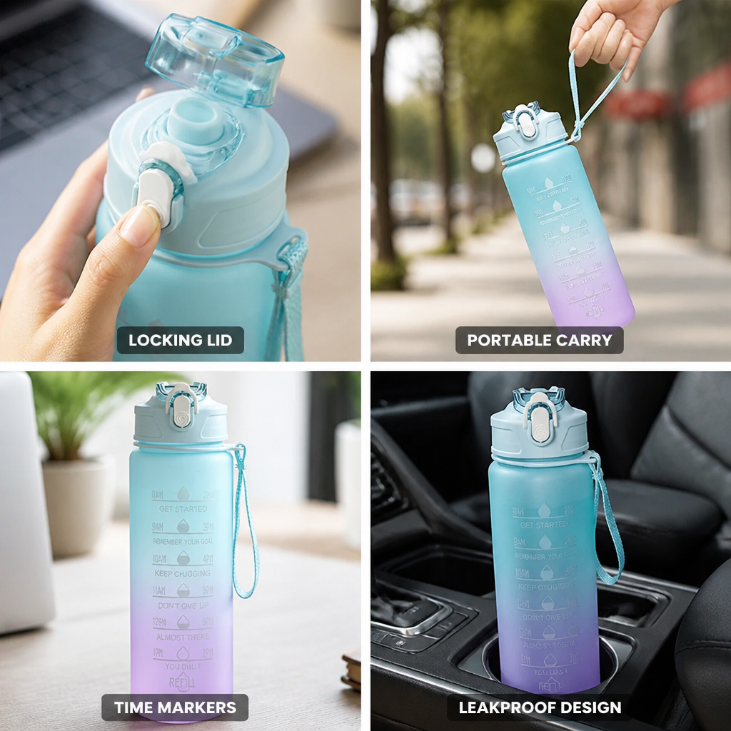 Water Bottle Hourly Markers Locking Flip-Top 850ml