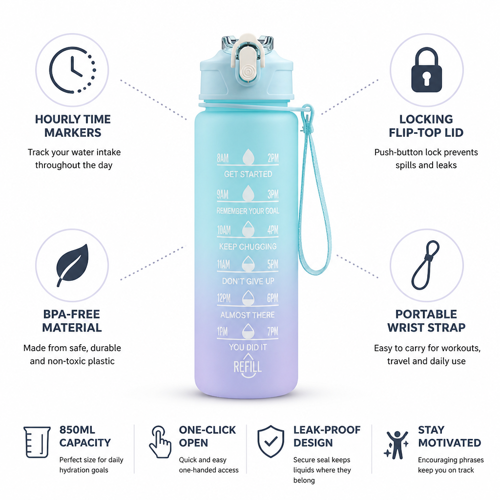 Water Bottle Hourly Markers Locking Flip-Top 850ml