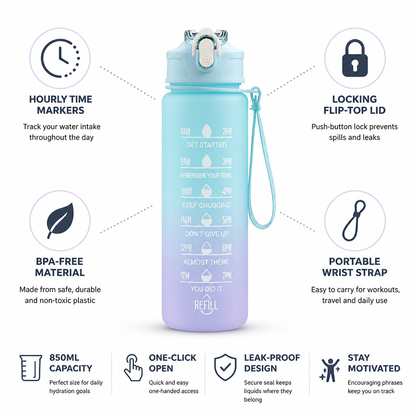 Water Bottle Hourly Markers Locking Flip-Top 850ml