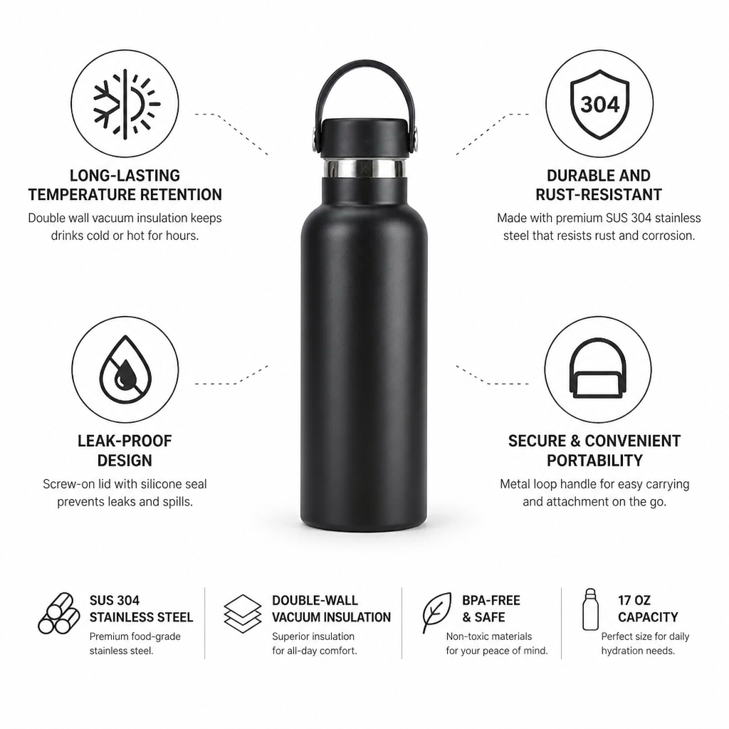 Water Bottle Stainless Steel Vacuum Insulated Leak-Proof 17 Oz