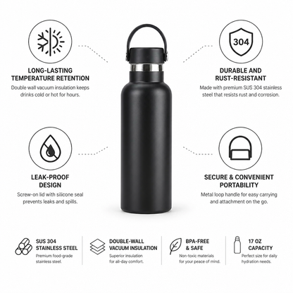 Water Bottle Stainless Steel Vacuum Insulated Leak-Proof 17 Oz