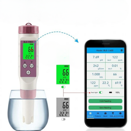 Water Quality Tester 7-in-1 Bluetooth App Backlit LCD