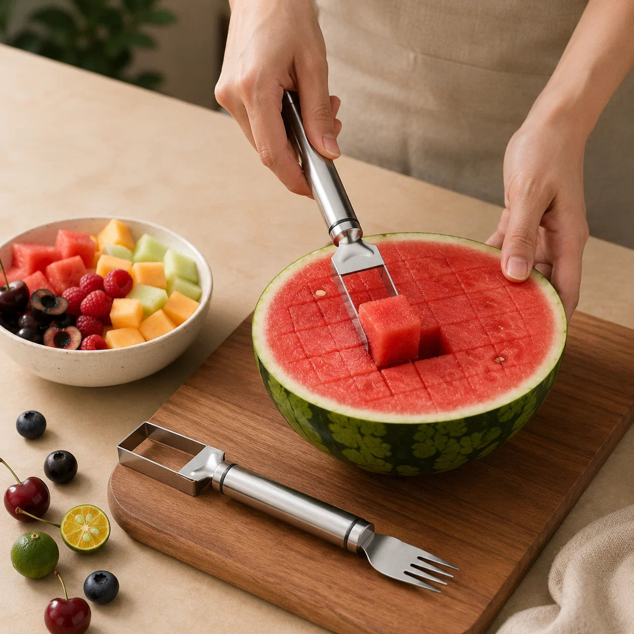 Watermelon Cutter & Serving Fork 2-in-1 Stainless Steel