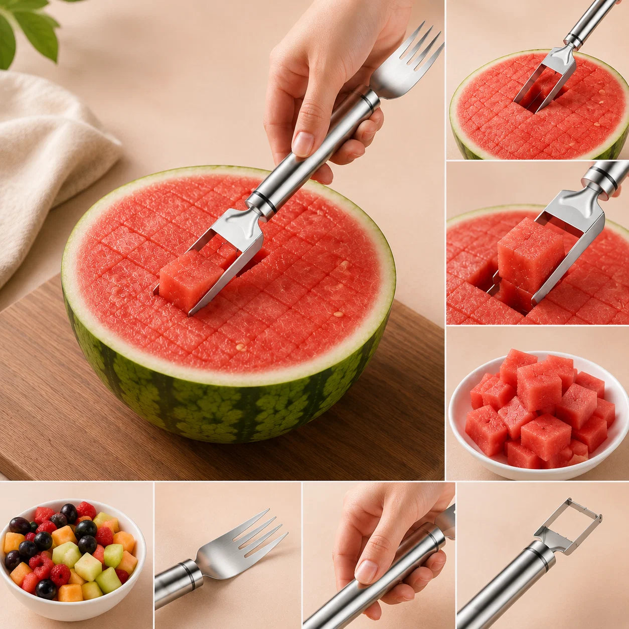 Watermelon Cutter & Serving Fork 2-in-1 Stainless Steel