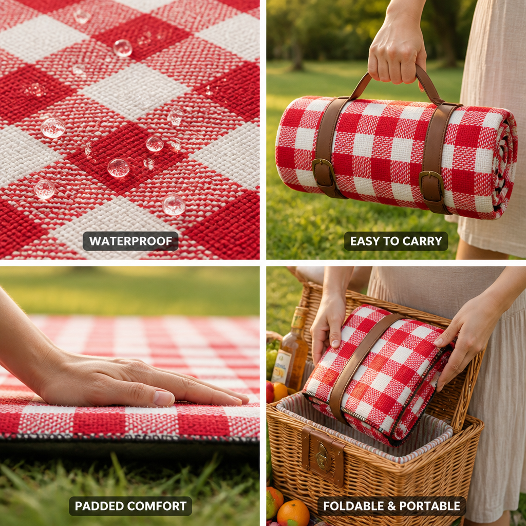 Waterproof Padded Foldable Picnic Blanket (Leather Carrying Strap)