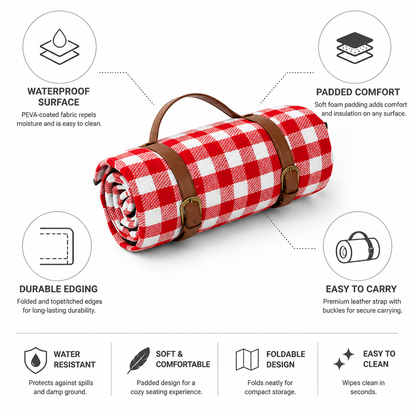 Waterproof Padded Foldable Picnic Blanket (Leather Carrying Strap)