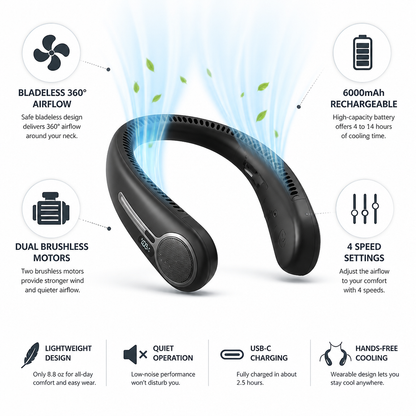 Wearable Neck Fan Bladeless 360 Airflow 6000mAh Rechargeable