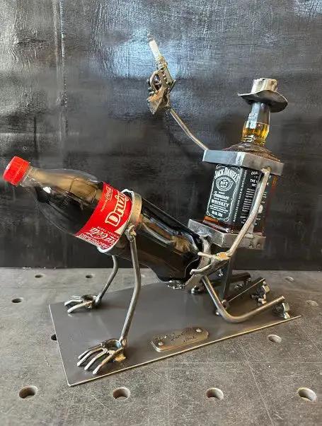 Whiskey Bottle Holder Hand-Forged Steel 2-Bottle Angled Spout