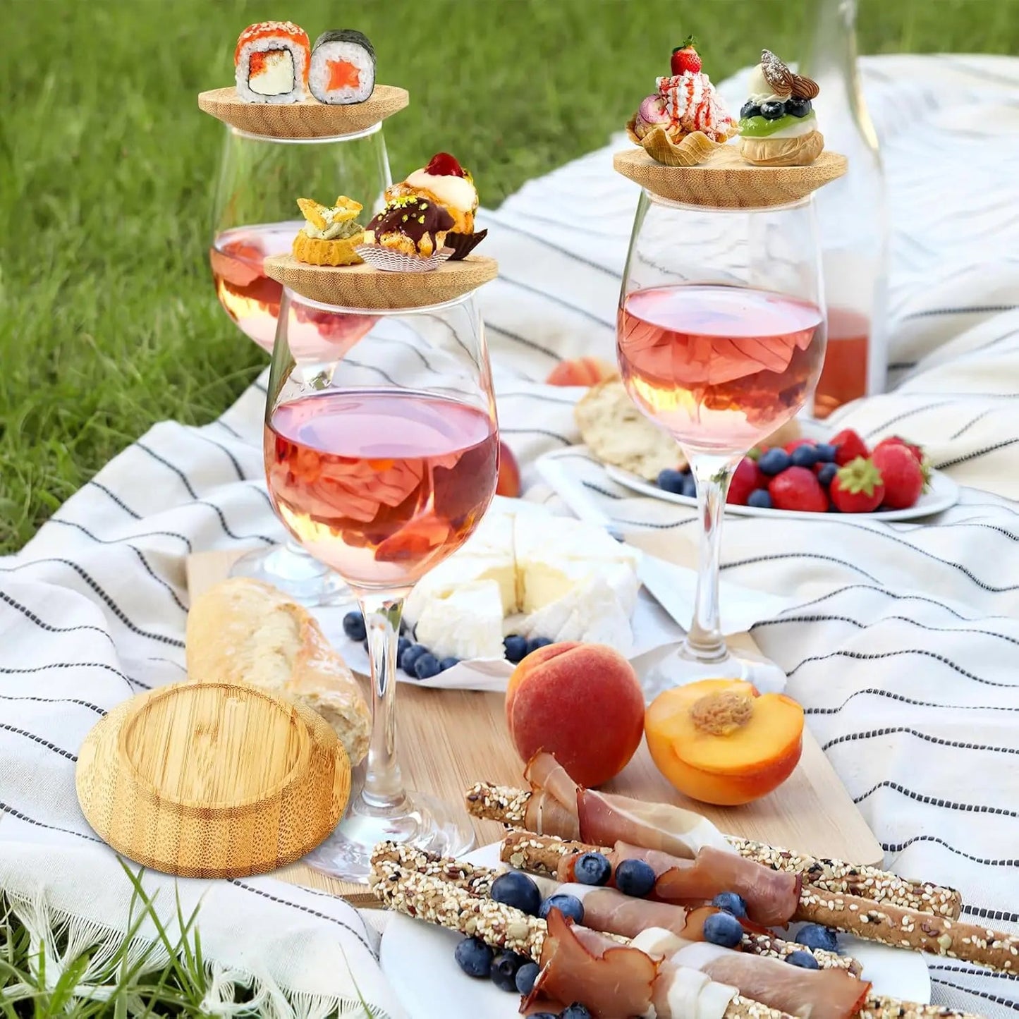 Wine Glass Snack Holder Bamboo Hands Free Set of 4