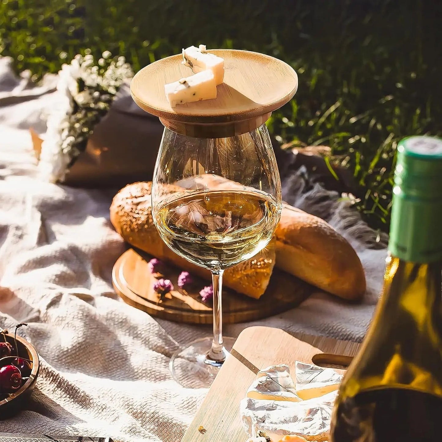 Wine Glass Snack Holder Bamboo Hands Free Set of 4