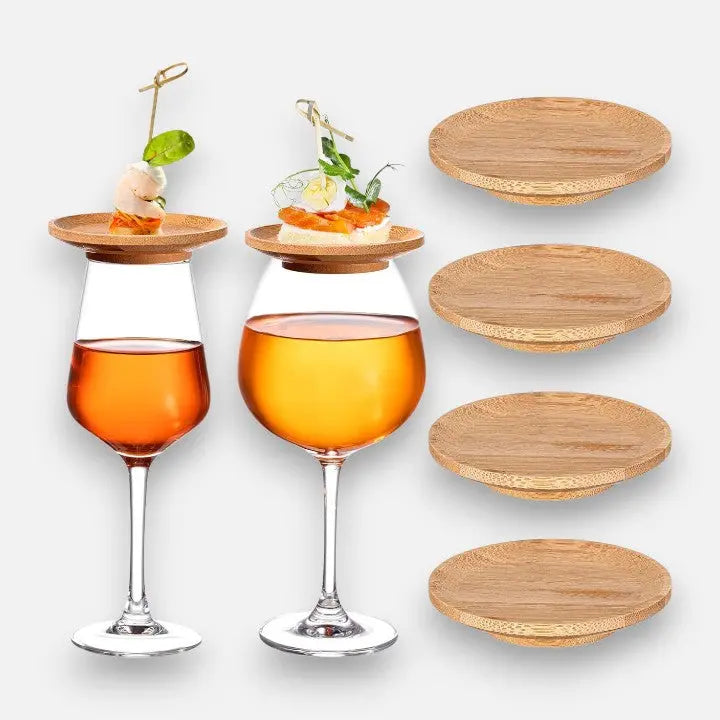 Wine Glass Snack Holder Bamboo Hands Free Set of 4