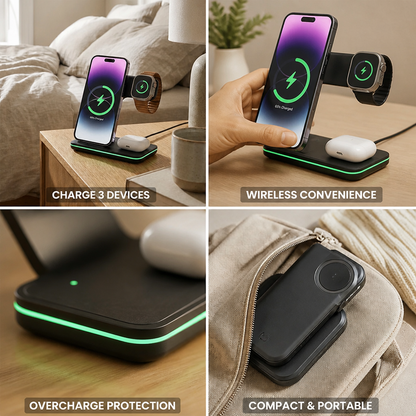Wireless Charging Station 3-in-1 Compact Overcharge Protection