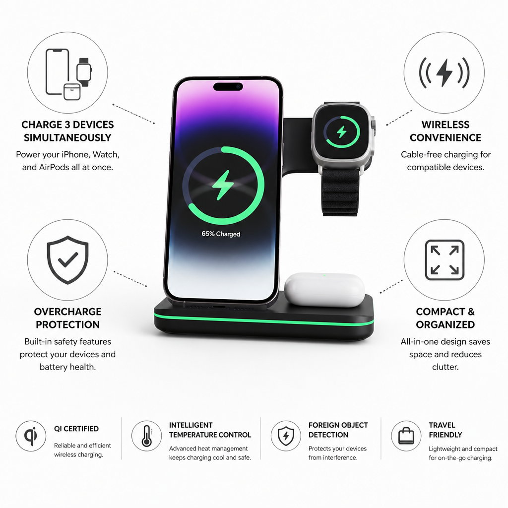Wireless Charging Station 3-in-1 Compact Overcharge Protection