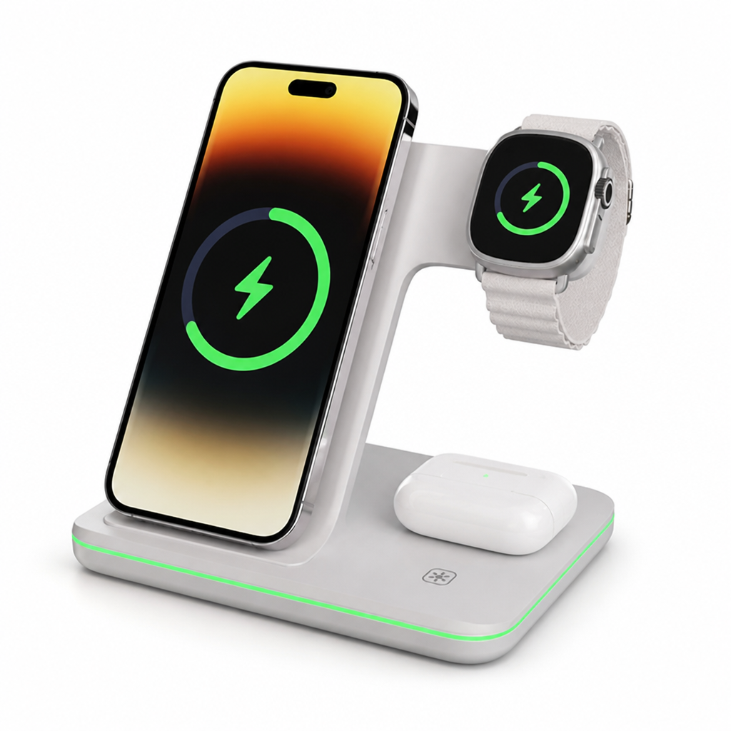 Wireless Charging Station 3-in-1 Compact Overcharge Protection