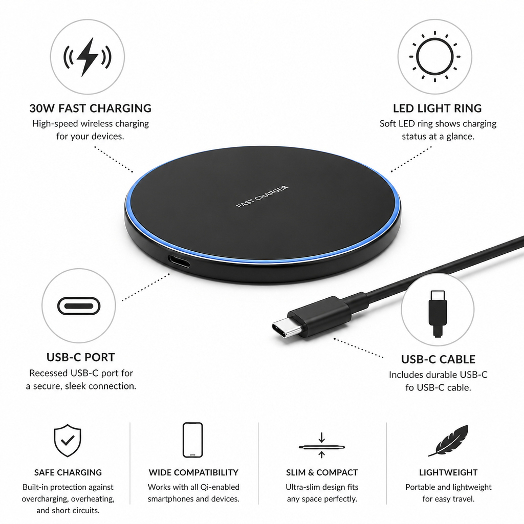 Wireless Charging Station with LED Light Ring (30W Fast Charging)