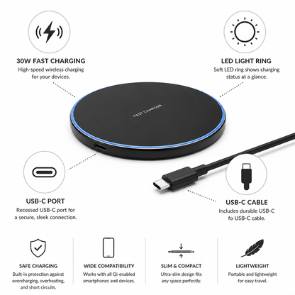 Wireless Charging Station with LED Light Ring (30W Fast Charging)