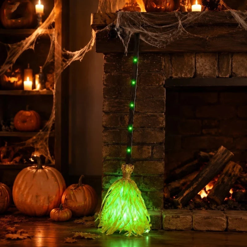 Witch Broom Decoration Vibrating & Laugh Sound Battery-Operated Green LED