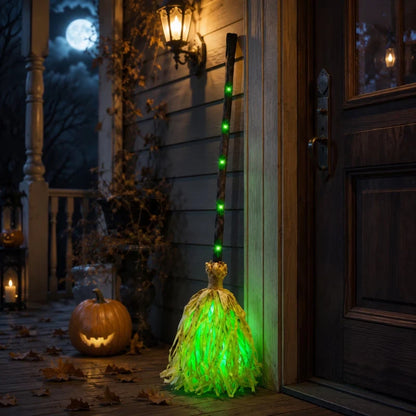 Witch Broom Decoration Vibrating & Laugh Sound Battery-Operated Green LED
