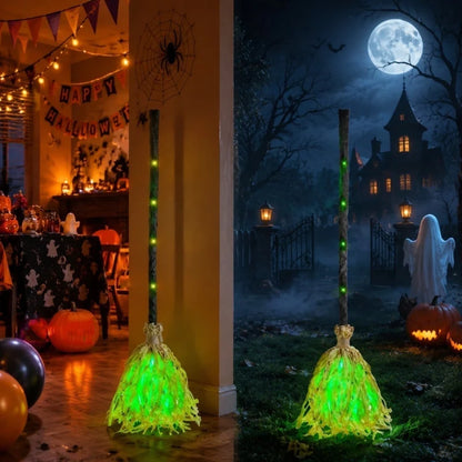Witch Broom Decoration Vibrating & Laugh Sound Battery-Operated Green LED