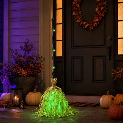 Witch Broom Decoration Vibrating & Laugh Sound Battery-Operated Green LED