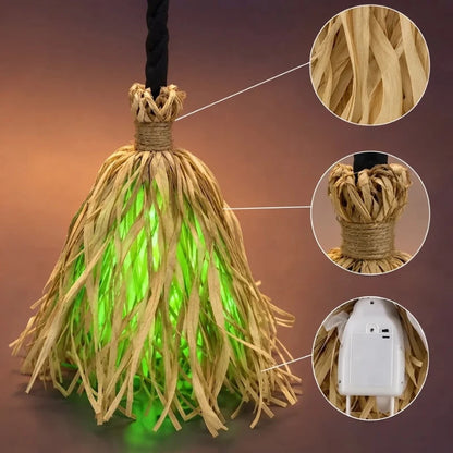 Witch Broom Decoration Vibrating & Laugh Sound Battery-Operated Green LED