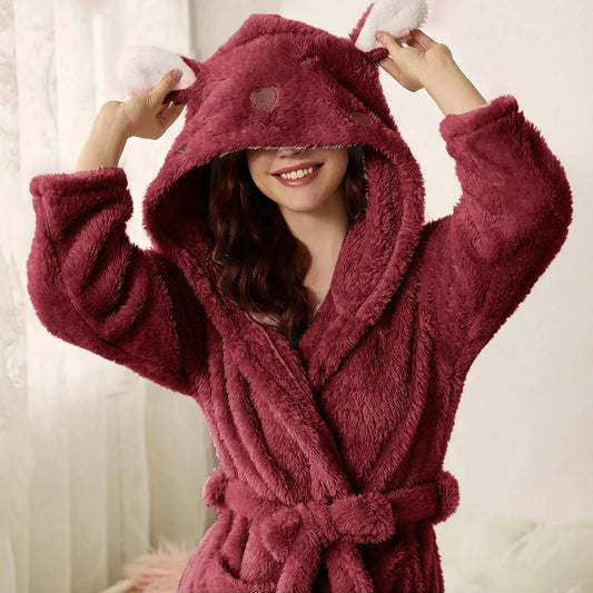 Women's Bathrobe Soft Flannel Hood With Bunny Ears