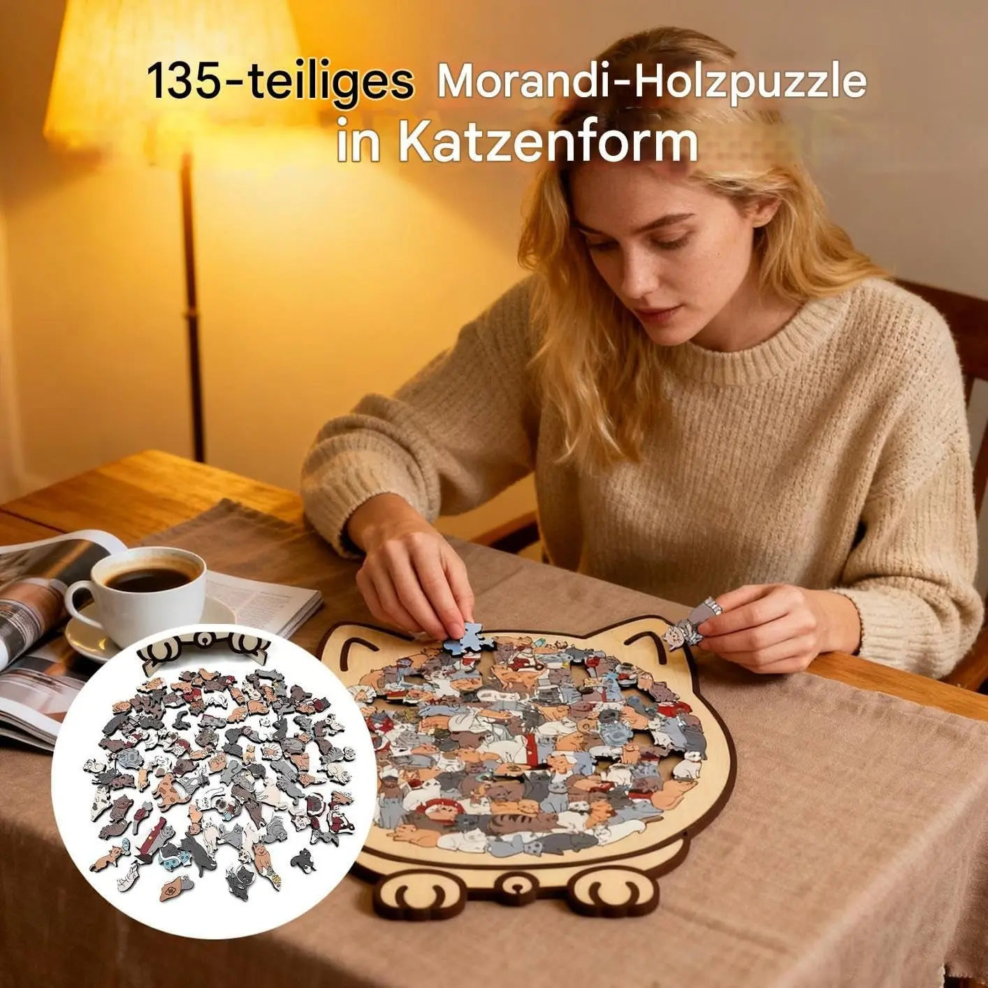 Wooden Jigsaw Puzzle Cat Silhouette Morandi Palette 135 Pieces