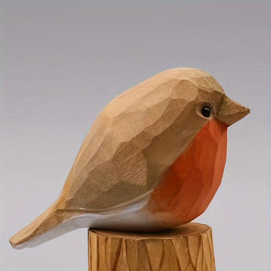 Wooden Robin Figurine Hand Carved Geometric Design