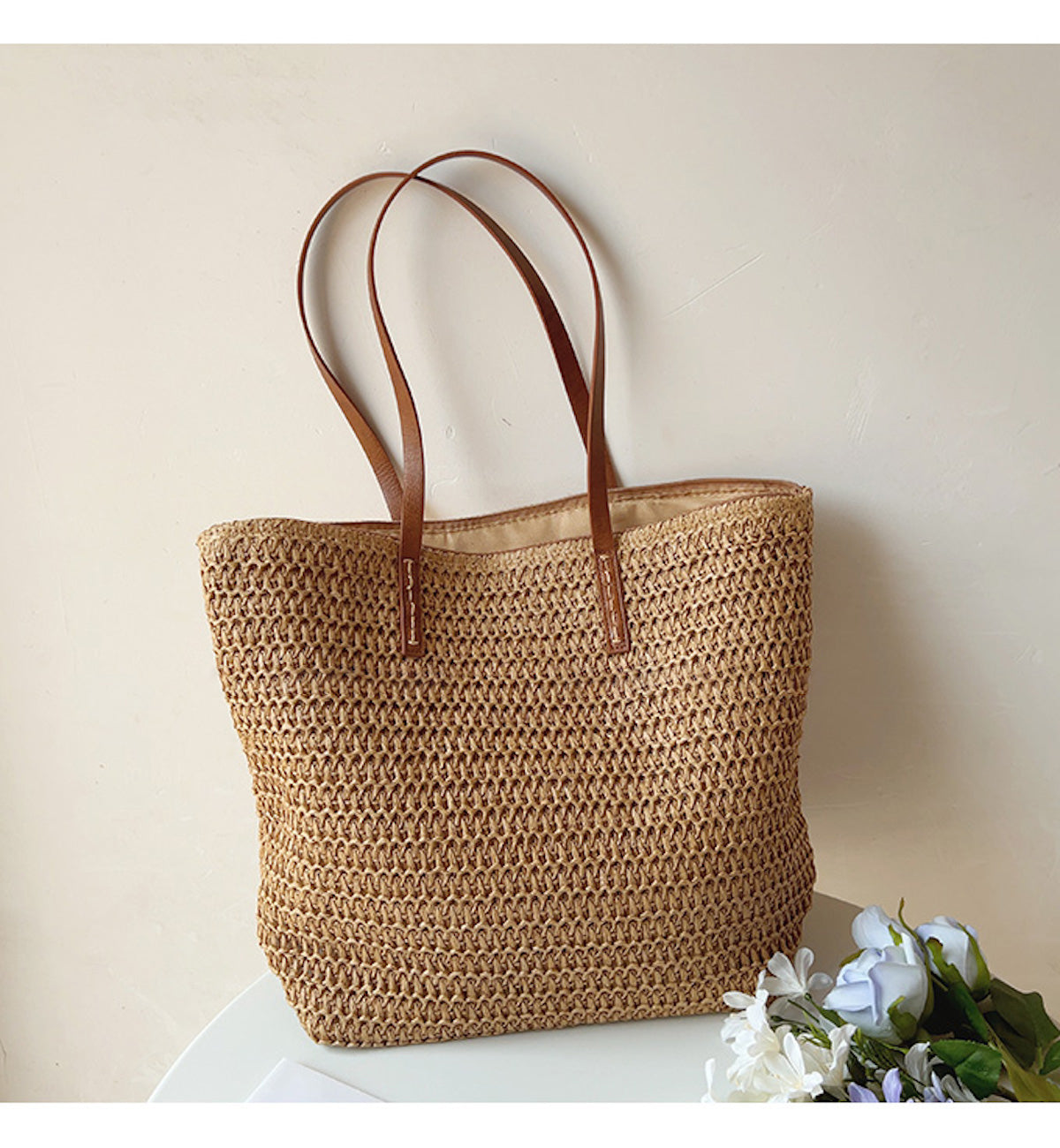 Woven Basket Bag Handwoven Rattan Leather Handles Zip Pocket