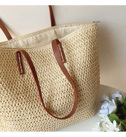 Woven Basket Bag Handwoven Rattan Leather Handles Zip Pocket