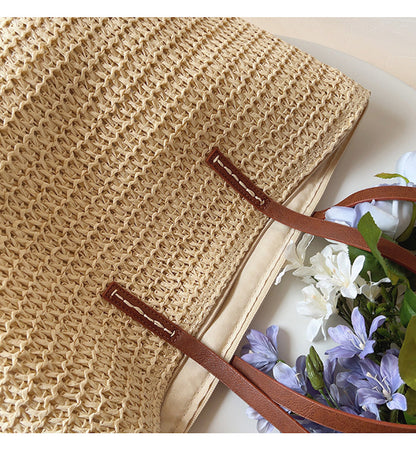 Woven Basket Bag Handwoven Rattan Leather Handles Zip Pocket