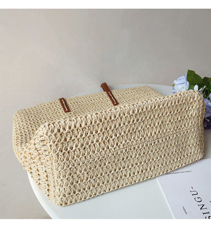 Woven Basket Bag Handwoven Rattan Leather Handles Zip Pocket