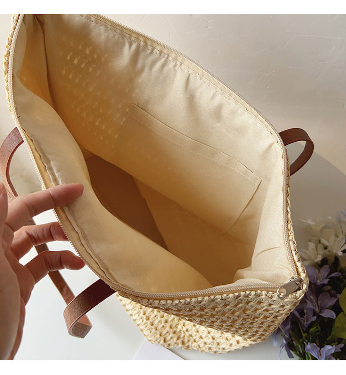 Woven Basket Bag Handwoven Rattan Leather Handles Zip Pocket