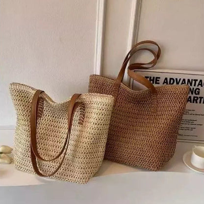 Woven Basket Bag Handwoven Rattan Leather Handles Zip Pocket