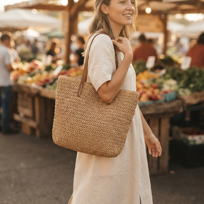 Woven Basket Bag Handwoven Rattan Leather Handles Zip Pocket