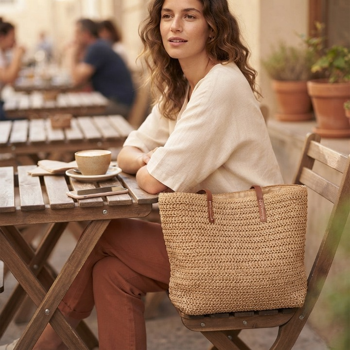 Woven Basket Bag Handwoven Rattan Leather Handles Zip Pocket