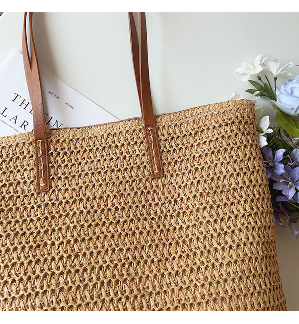 Woven Basket Bag Handwoven Rattan Leather Handles Zip Pocket