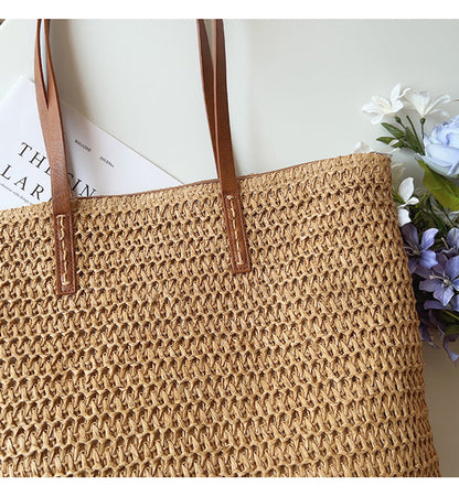 Woven Basket Bag Handwoven Rattan Leather Handles Zip Pocket