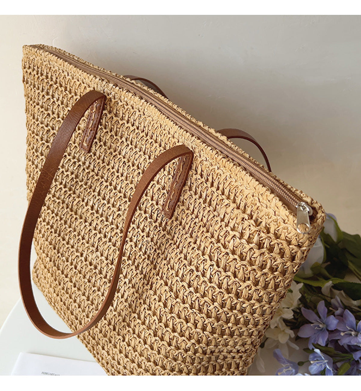 Woven Basket Bag Handwoven Rattan Leather Handles Zip Pocket