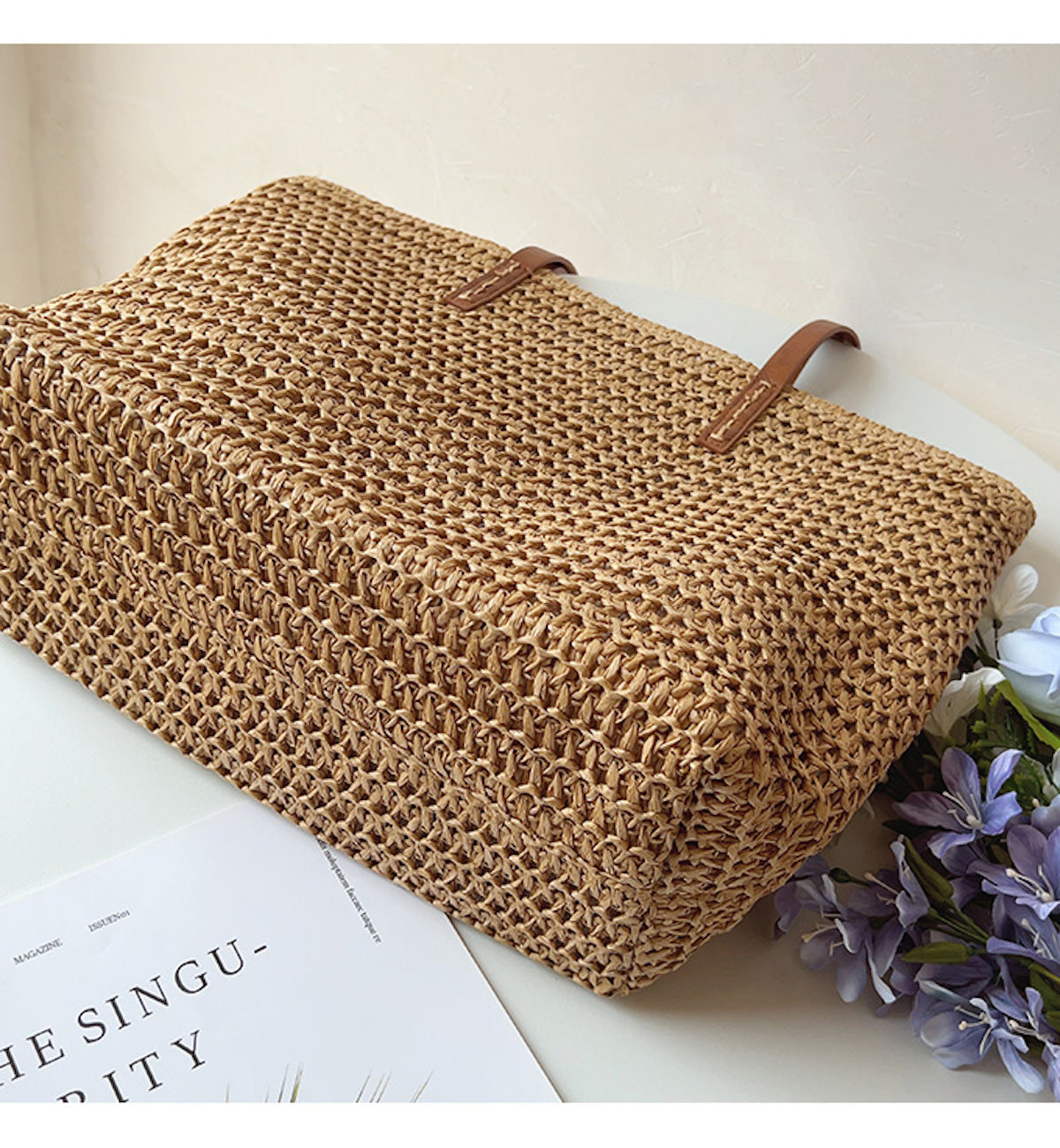 Woven Basket Bag Handwoven Rattan Leather Handles Zip Pocket