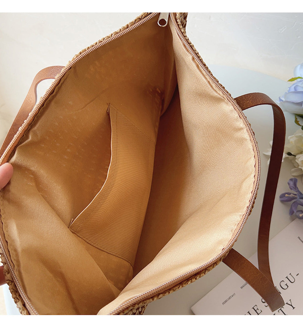 Woven Basket Bag Handwoven Rattan Leather Handles Zip Pocket